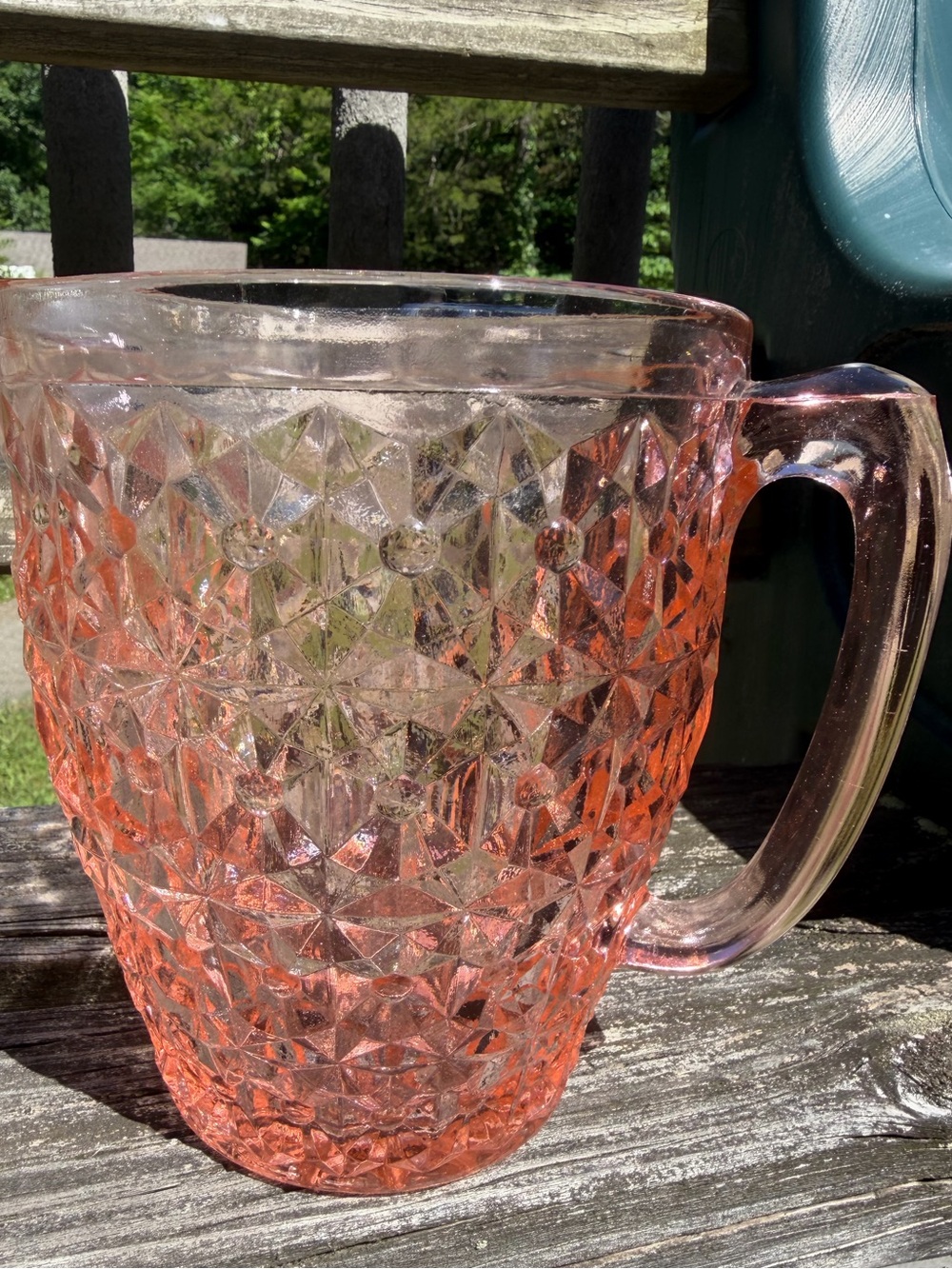 “Buttons & Bows” Pink Pressed Glass Pitcher - Jeanette Glass